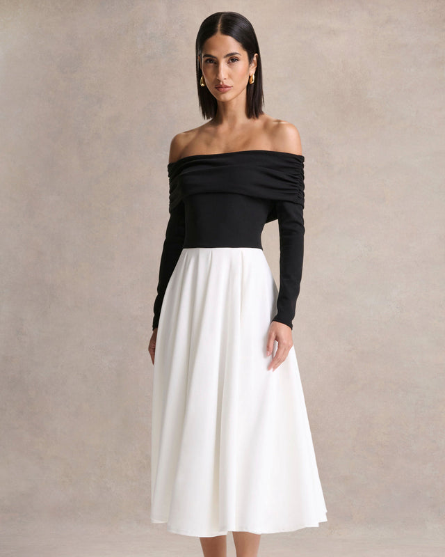 Monochrome Margot Bardot-Neck Midi Dress