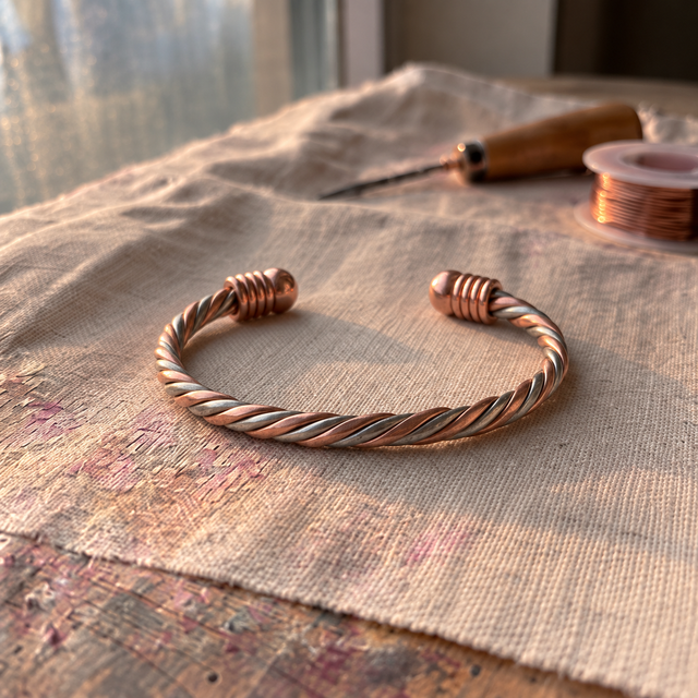 Cuivre Ondine two-tone twisted copper cuff bracelet lying on linen beside a spool of copper wire