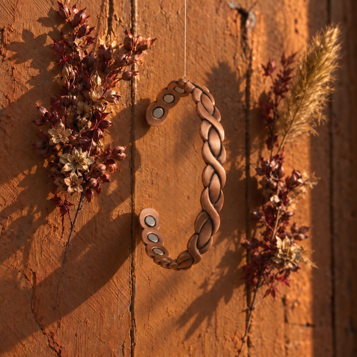Cuivre Solaire solid copper bangle bracelet styled on a natural backdrop