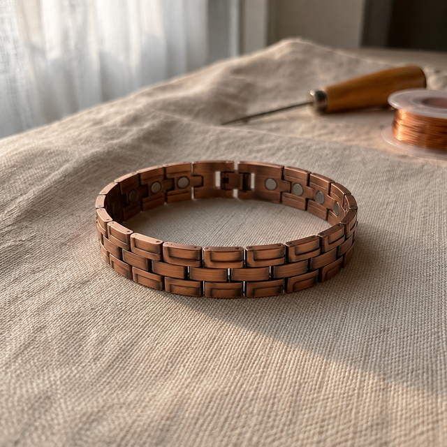 Cuivre Auguste link copper bracelet on a linen cloth in warm light