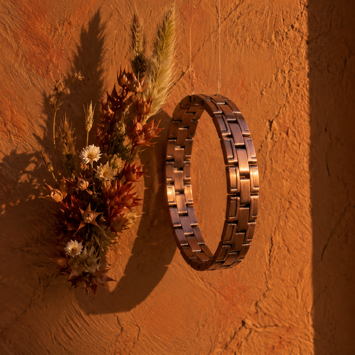 Cuivre Auguste link copper bracelet against a warm terracotta background