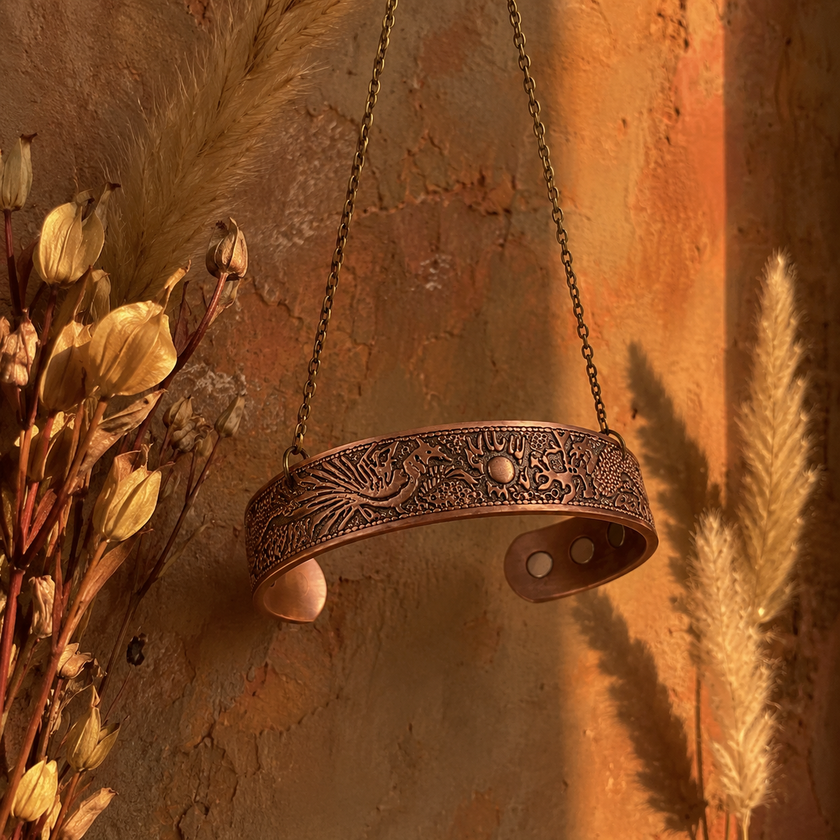 Cuivre Faustine engraved copper cuff bracelet against a warm terracotta background