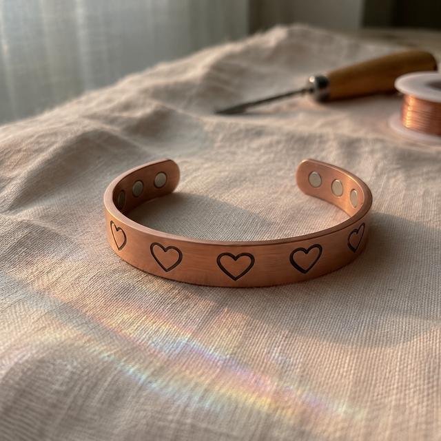 Cuivre Valentine heart copper cuff bracelet on a linen cloth in warm light