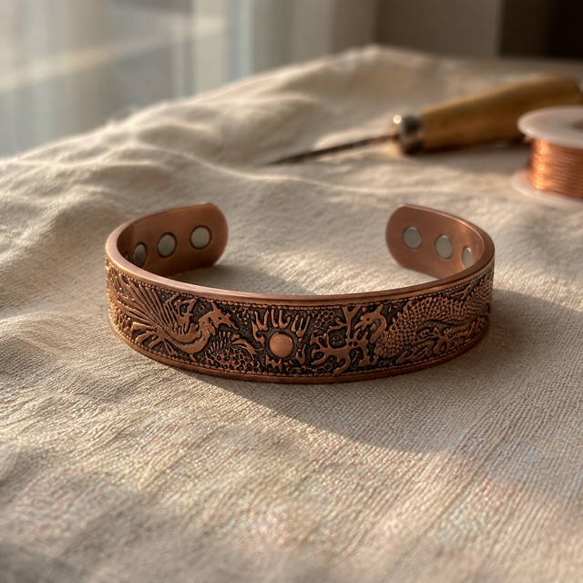 Cuivre Faustine dragon and phoenix engraved copper cuff bracelet on a linen cloth