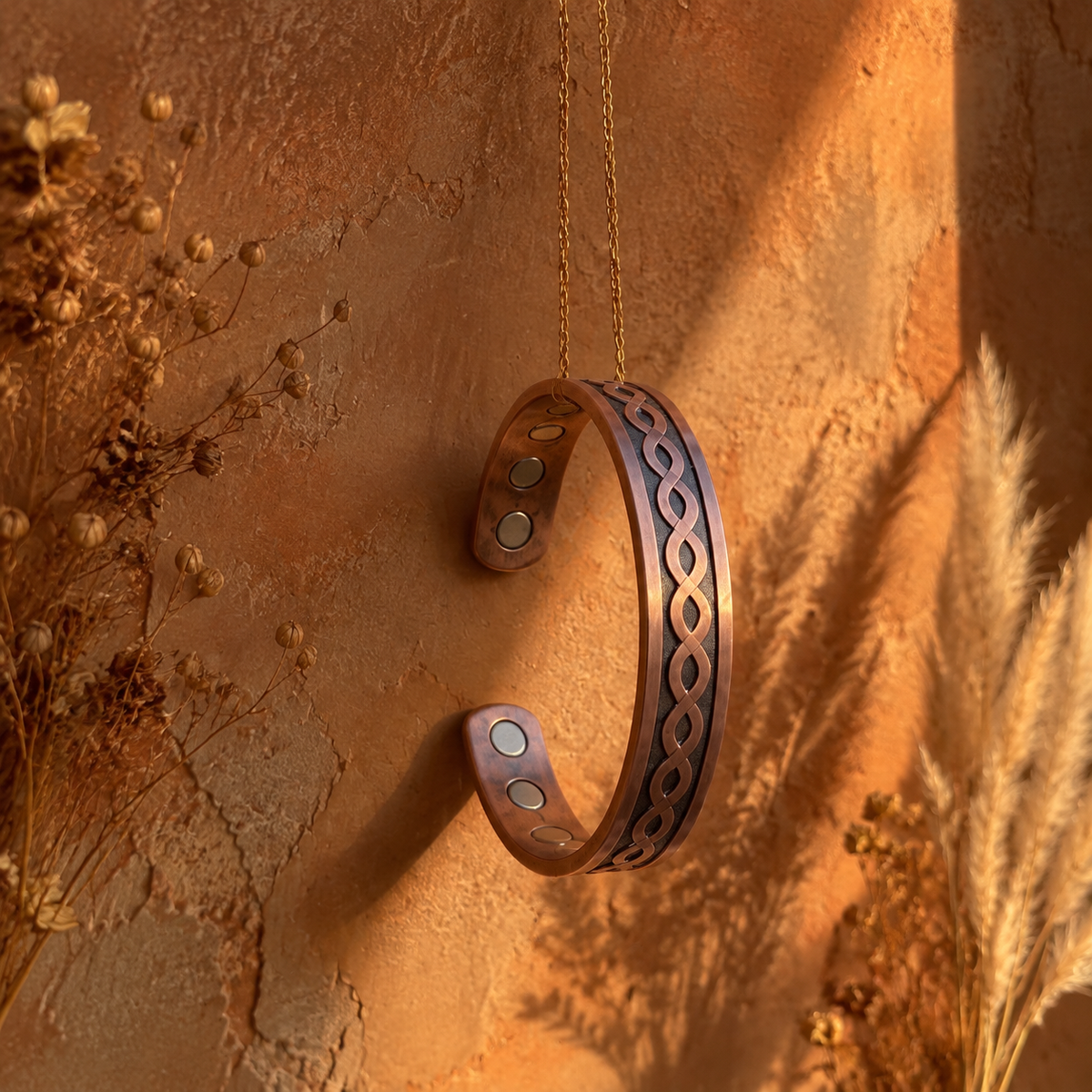 Cuivre Constance infinity link copper cuff bracelet against a warm terracotta background