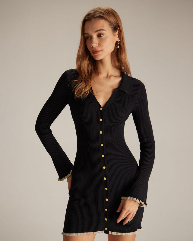 Noir Élan Contrast-Trim Knit Mini Dress - front