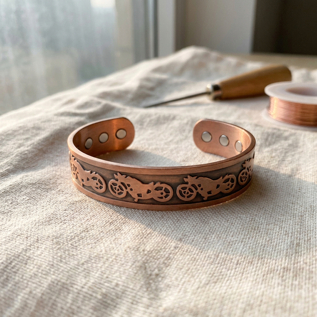 Cuivre Gaspard motorcycle copper cuff bracelet on linen