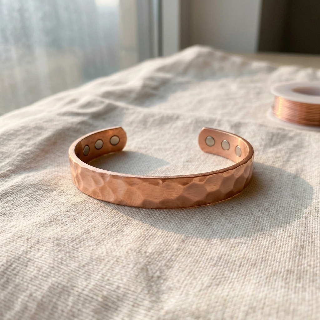 Cuivre Apolline hammered copper cuff bracelet on linen