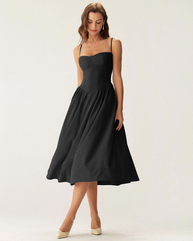Noir Solenne Square-Neck Midi Dress - front view