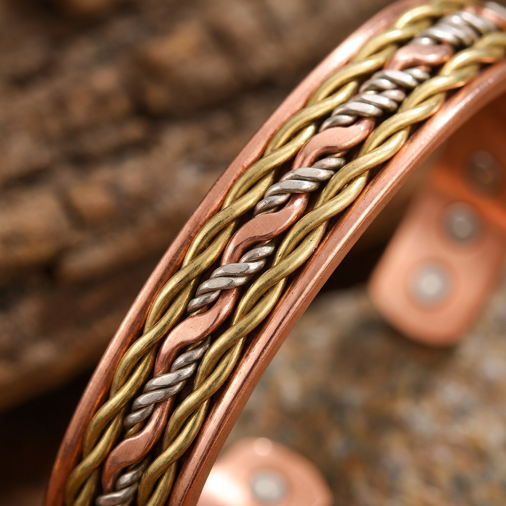 Cuivre Oriane braided copper cuff bracelet macro detail of three-tone braided inlay