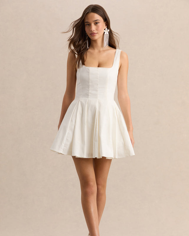Blanc Manon square-neck skater mini dress in white linen-look cotton, front view