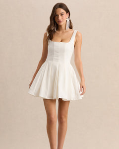 Blanc Manon white linen-look cotton skater mini dress, full-length view