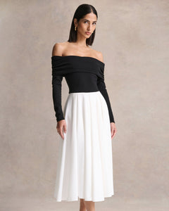 Monochrome Margot Bardot-Neck Midi Dress - bardot neckline detail