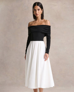 Monochrome Margot Bardot-Neck Midi Dress