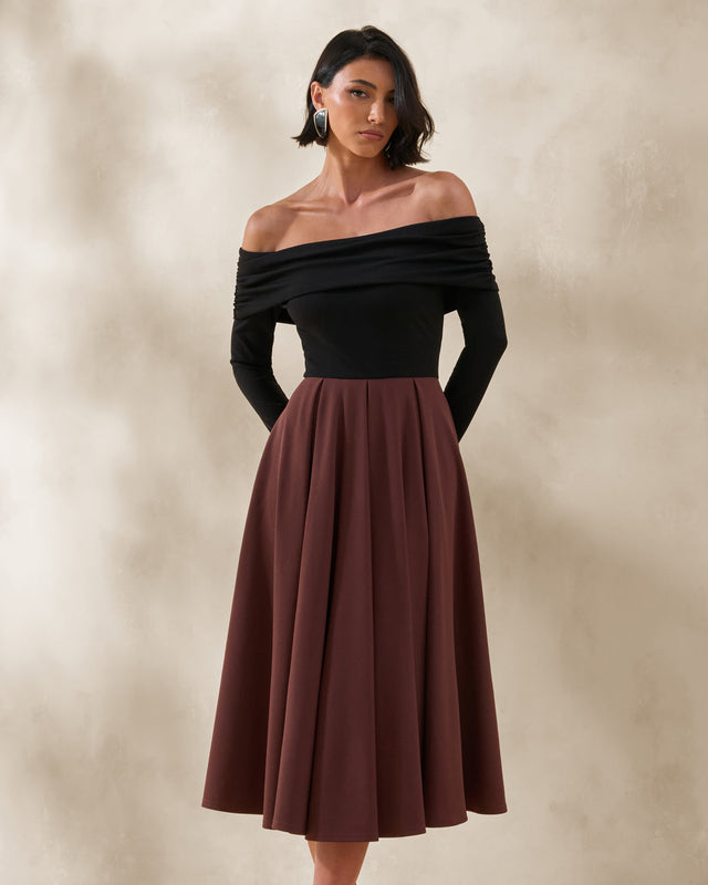 Cacao Séverine Bardot-Neck Midi Dress