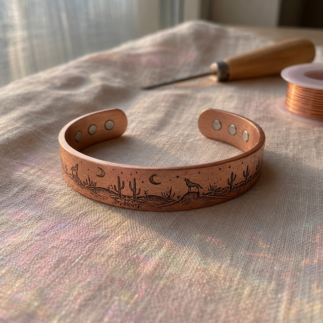 Cuivre Solange desert landscape copper cuff bracelet on a linen cloth in warm light
