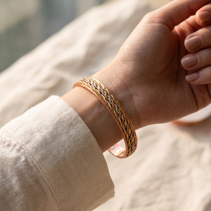 Cuivre Oriane braided copper cuff bracelet worn on wrist