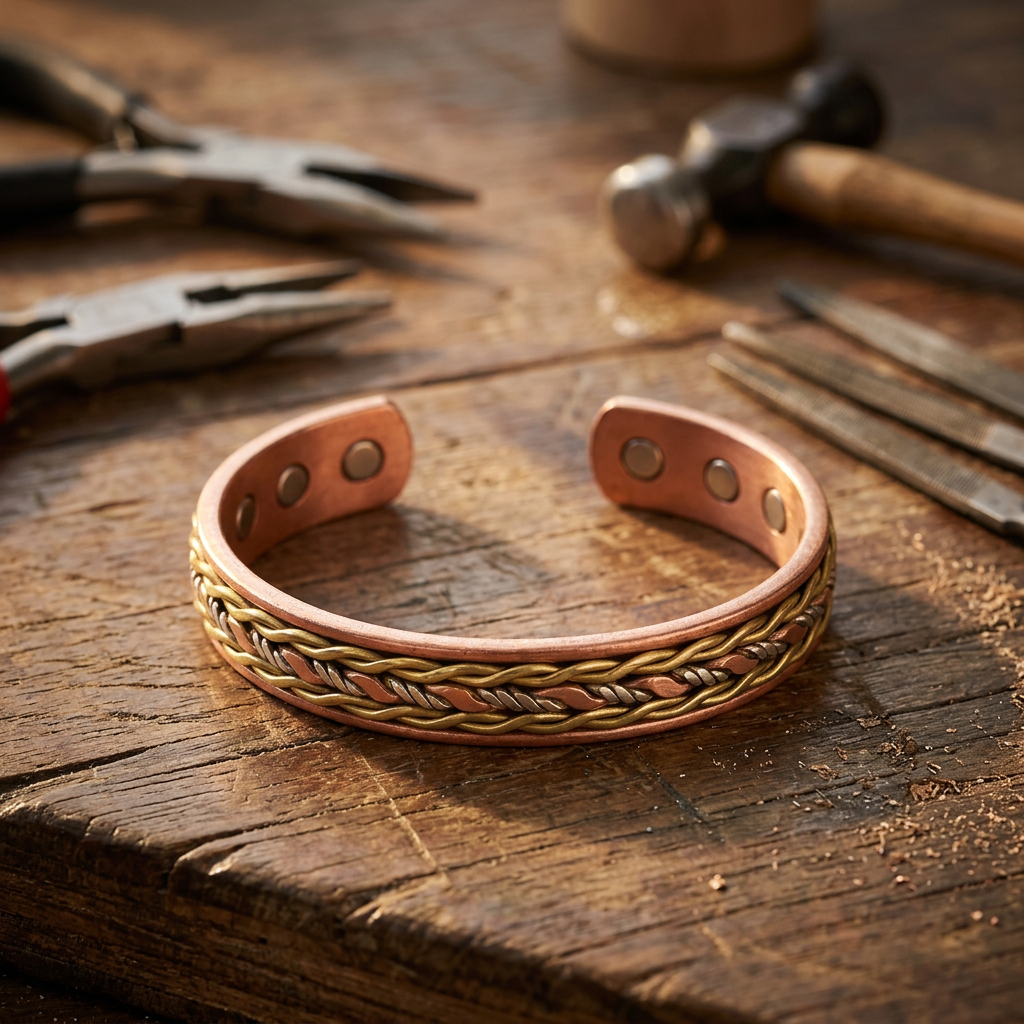 Cuivre Oriane braided copper cuff bracelet on workbench