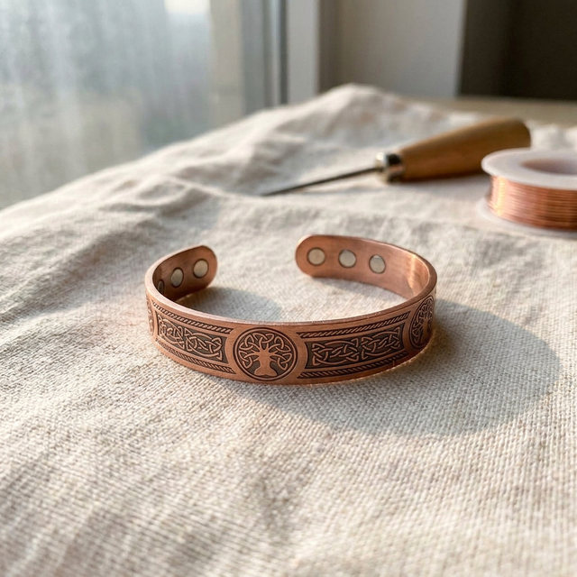 Ambre Albane tree of life medallion cuff bracelet on linen