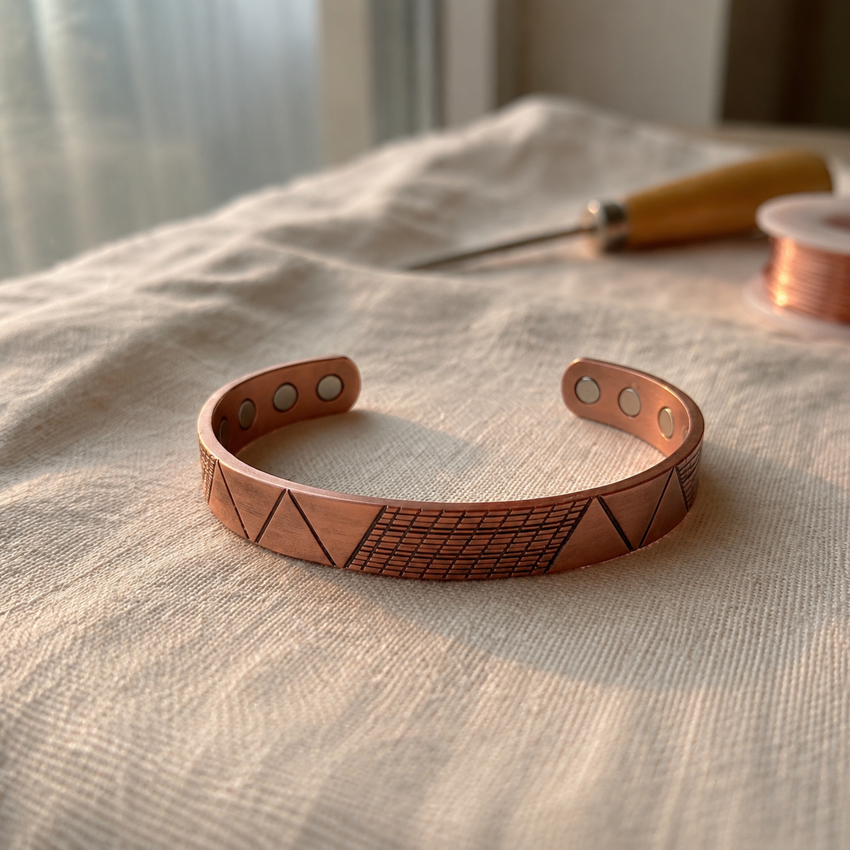 Cuivre Clémence geometric copper cuff bracelet on linen