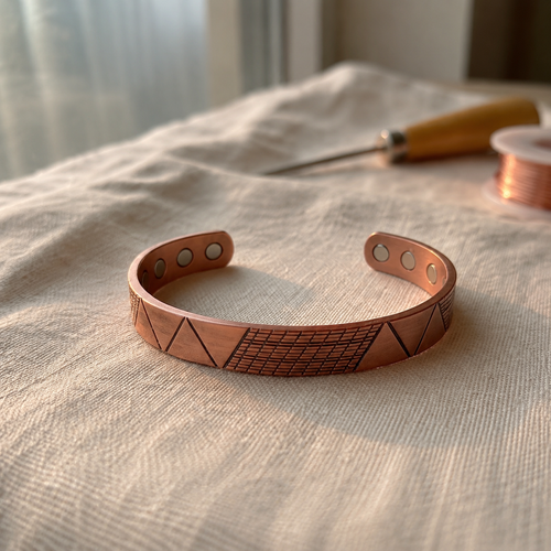 Cuivre Clémence geometric copper cuff bracelet on linen
