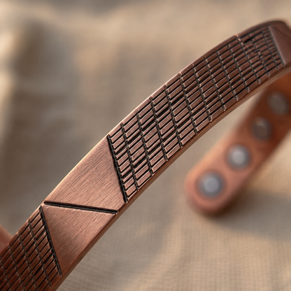 Cuivre Clémence geometric copper cuff bracelet, close-up of the engraved pattern