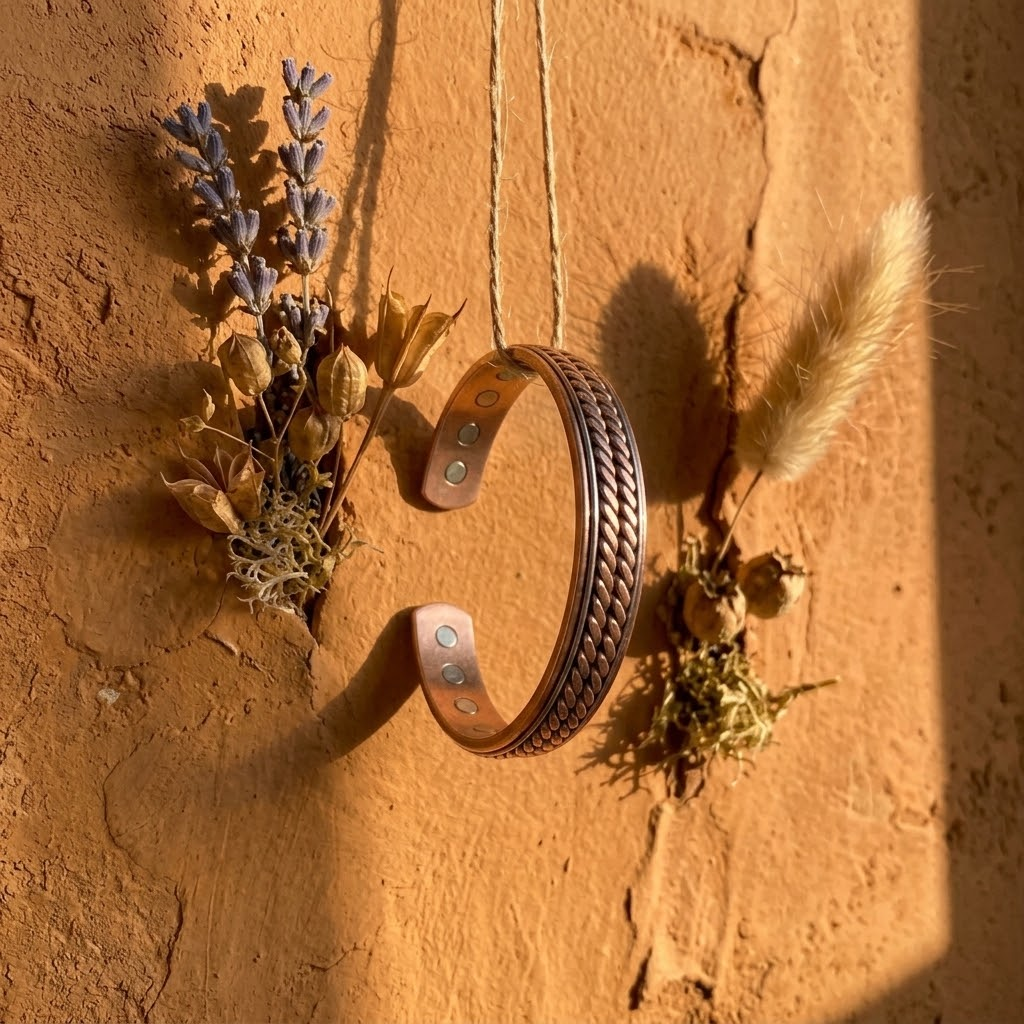 Cuivre Garance twisted braid copper cuff bracelet hanging on a terracotta wall