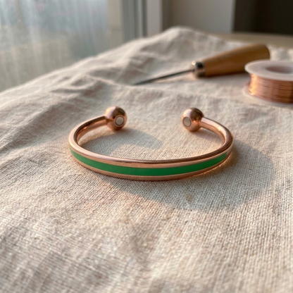 Cuivre Hortense green enamel copper cuff bracelet on linen