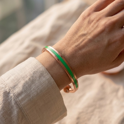 Cuivre Hortense green enamel copper cuff bracelet worn on the wrist