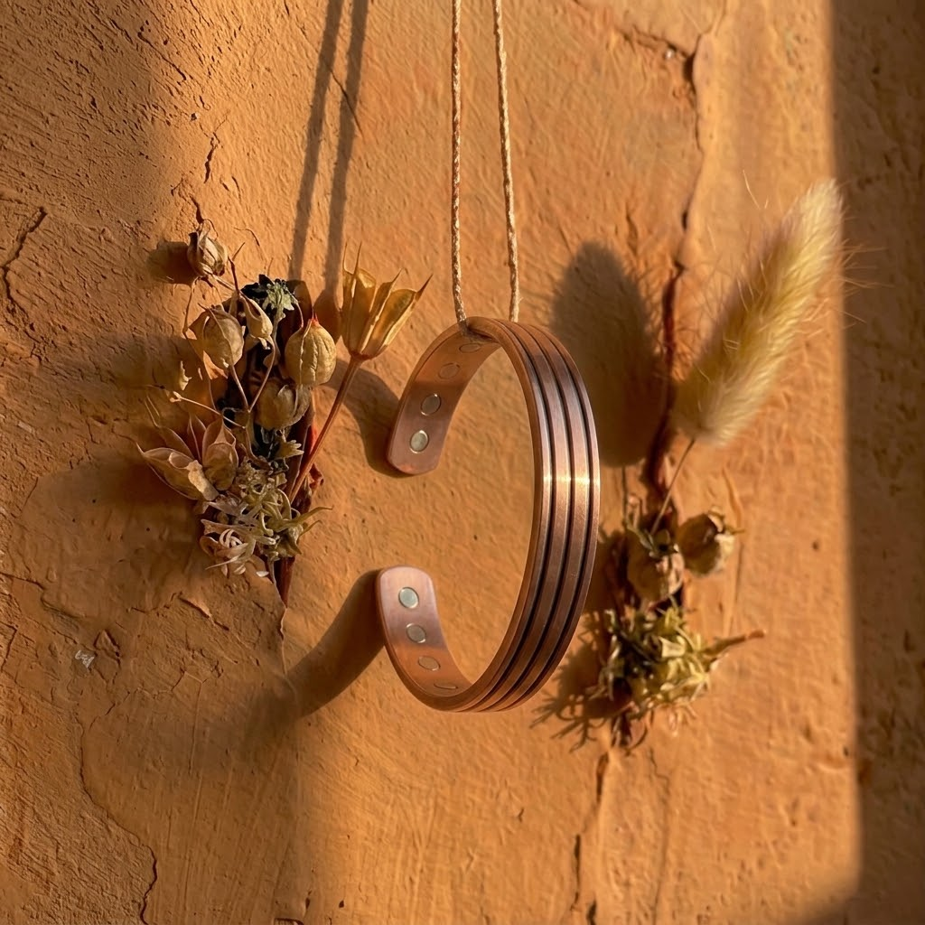 Cuivre Sixtine striped copper cuff bracelet hanging on a terracotta wall