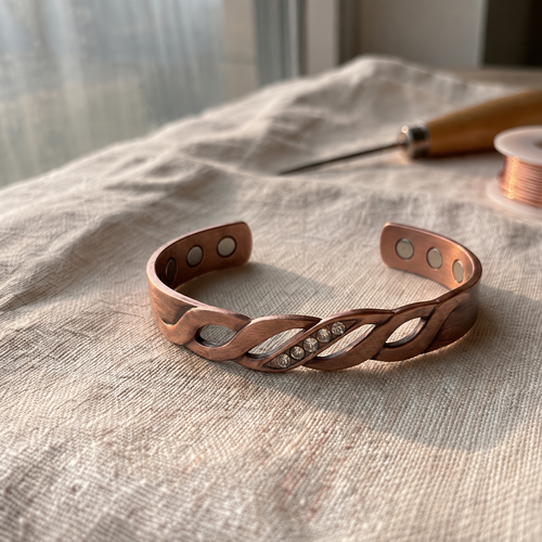 Cuivre Ysoline crystal twist copper cuff bracelet on linen
