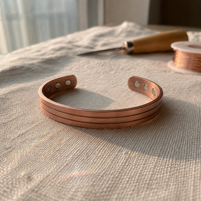 Cuivre Bérénice triple band copper cuff bracelet on a linen cloth in warm sunlight