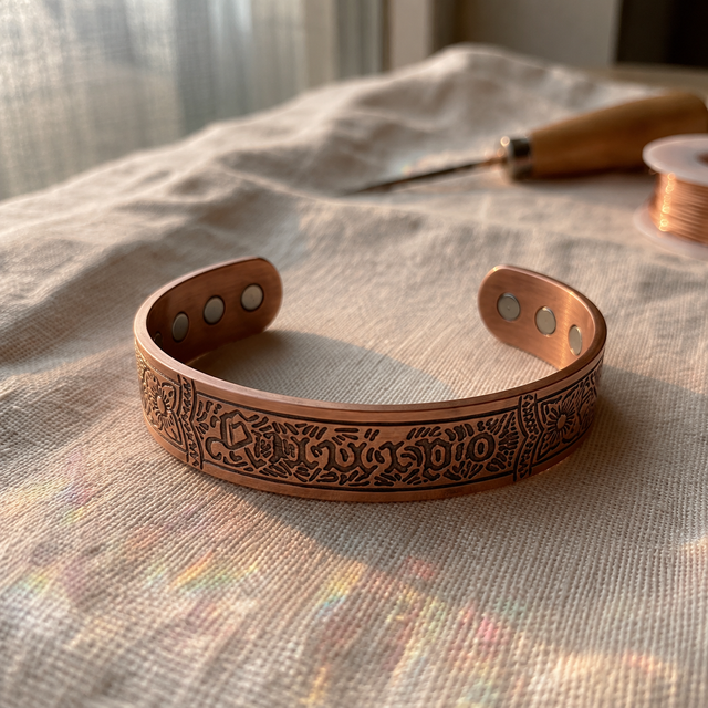 Cuivre Sibylle wide engraved copper cuff bracelet on a linen cloth in warm light