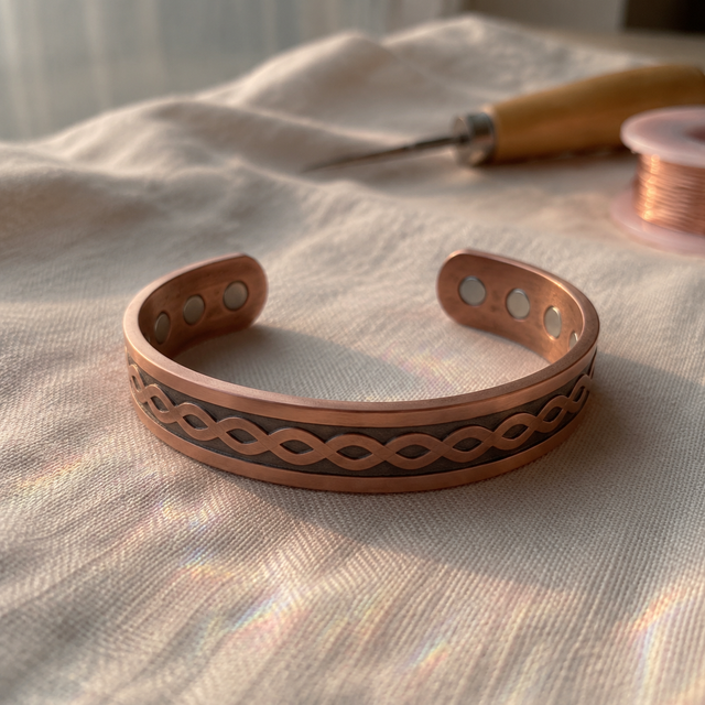 Cuivre Constance infinity link copper cuff bracelet on a linen cloth in warm light