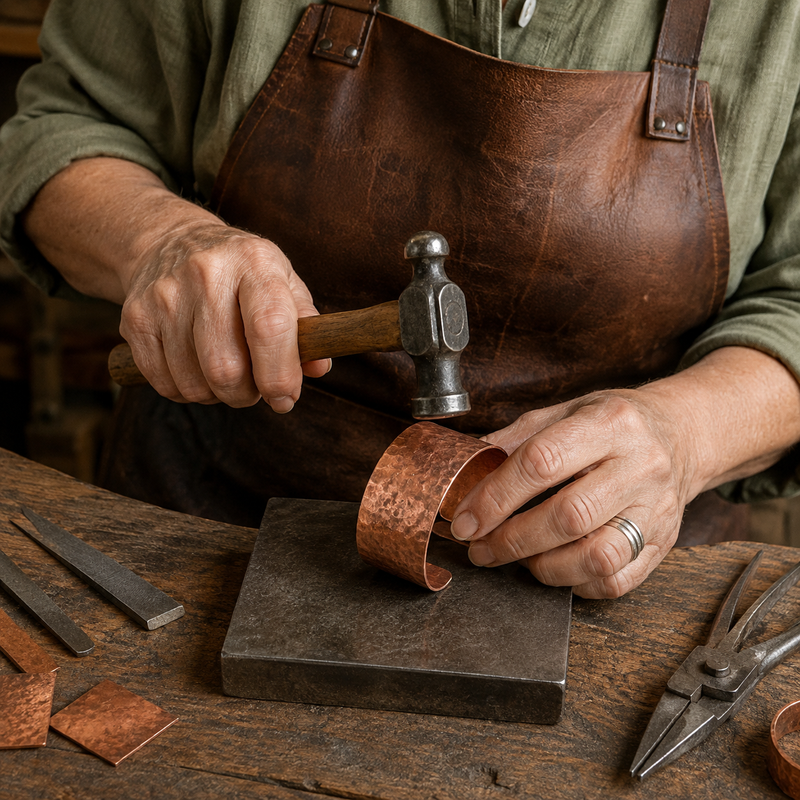 Artisan shaping copper cuff bracelet with hammer