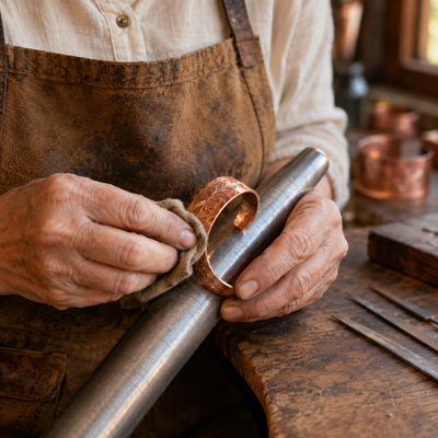 Artisan polishing copper cuff bracelet on mandrel