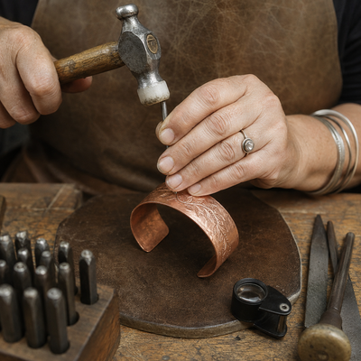 Artisan hand-stamping botanical pattern on copper cuff