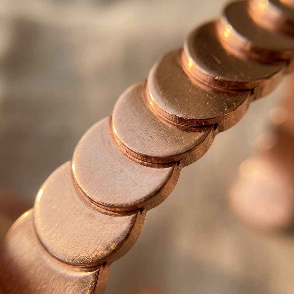 Artisan adjusting Cuivre Maëlle copper cuff bracelet on wooden workbench