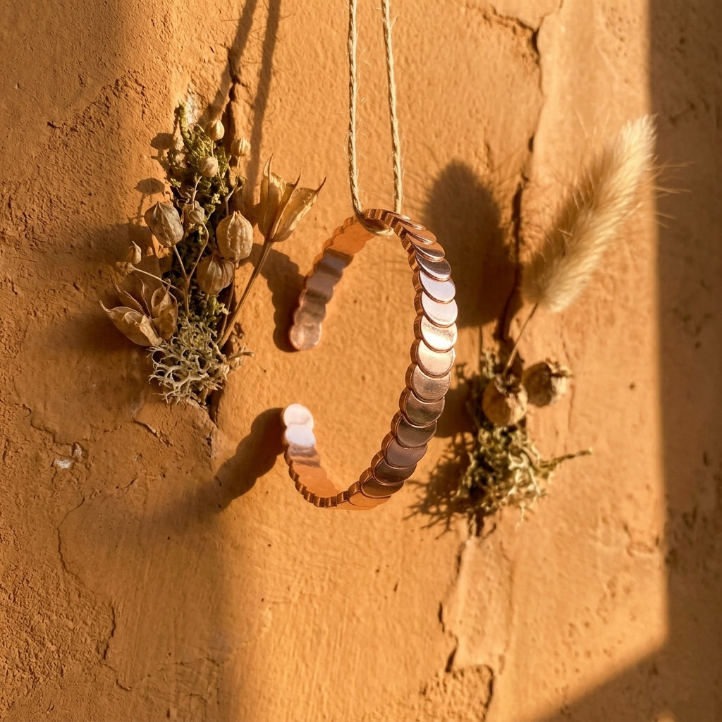 Cuivre Maëlle copper cuff bracelet hanging from twine in golden hour light