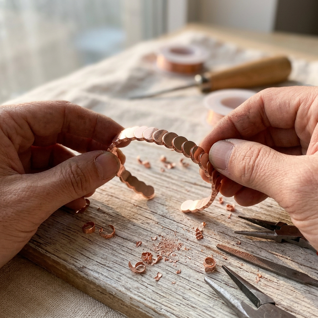 Close-up of overlapping scale texture on Cuivre Maëlle copper cuff bracelet