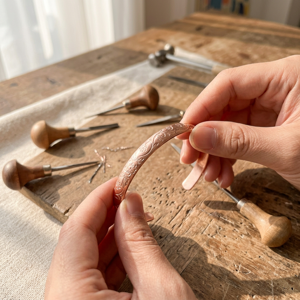 Artisan adjusting Cuivre Ninon copper cuff bracelet on wooden workbench