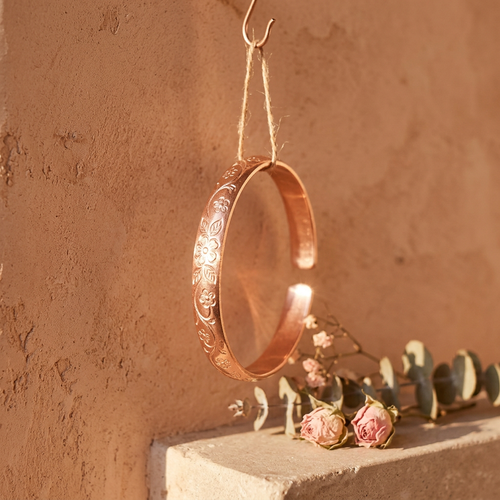 Cuivre Ninon copper cuff bracelet hanging from twine in golden hour light