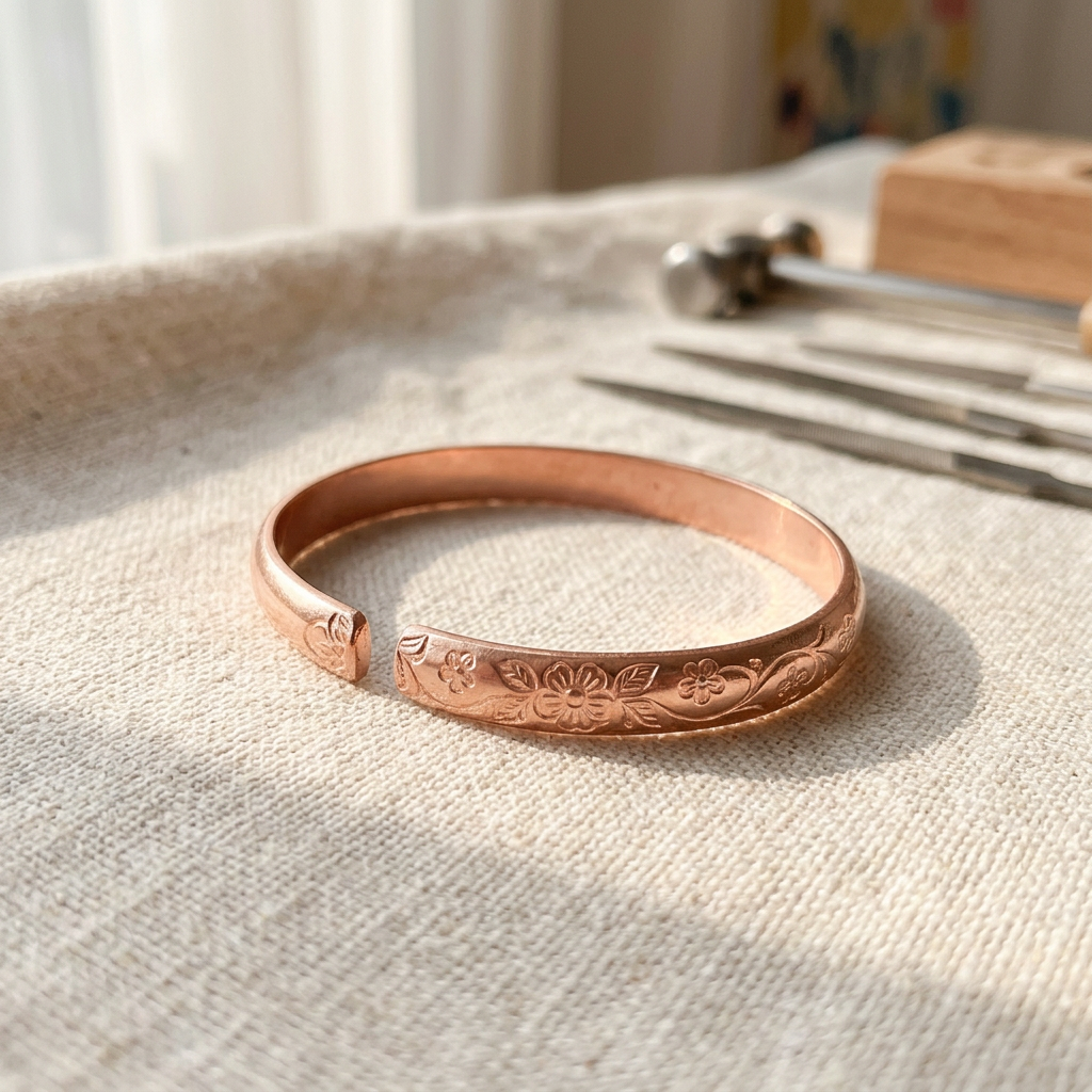 Cuivre Ninon plum blossom copper cuff bracelet on natural linen with warm lighting