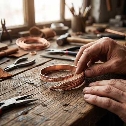 Artisan adjusting Cuivre Sidonie copper bracelet on wooden workbench