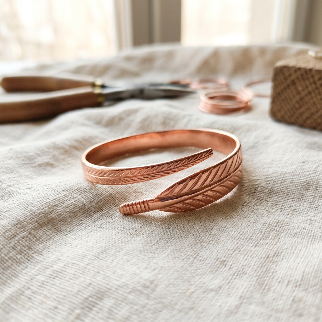 Cuivre Sidonie leaf wrap copper bracelet on natural linen