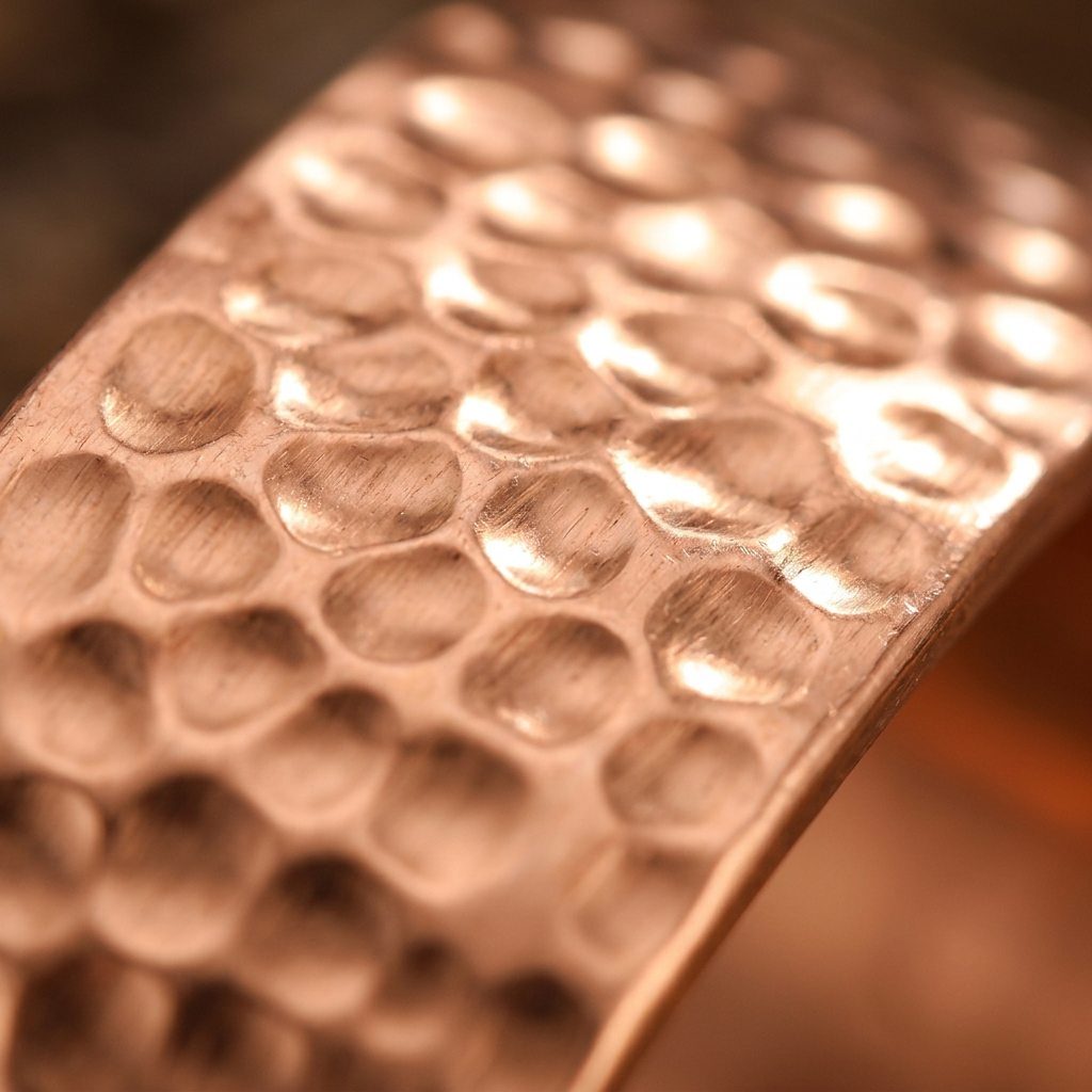 Cuivre Apolline hammered copper cuff bracelet macro detail of hammered texture
