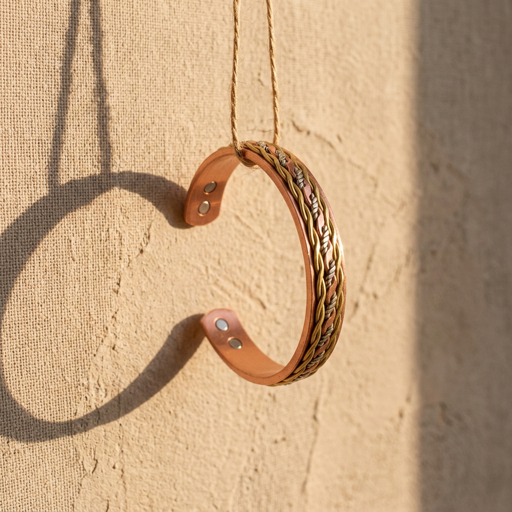 Cuivre Oriane braided copper cuff bracelet hanging still life against neutral backdrop
