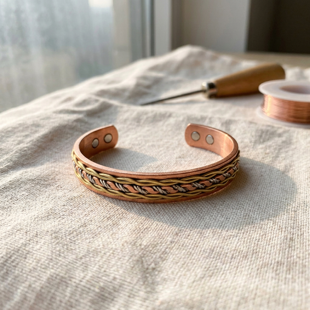 Cuivre Oriane braided copper cuff bracelet on linen