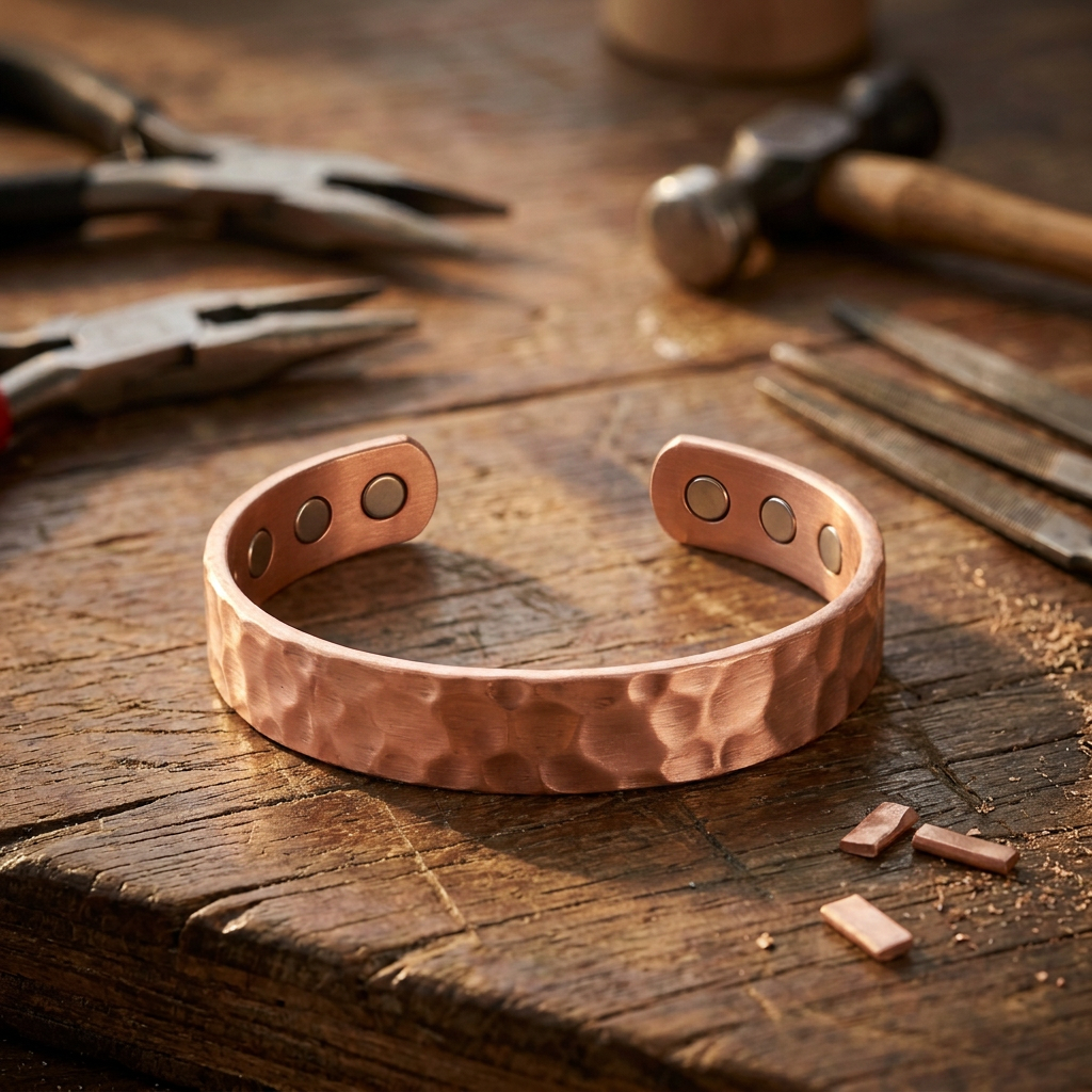 Cuivre Apolline hammered copper cuff bracelet on workbench