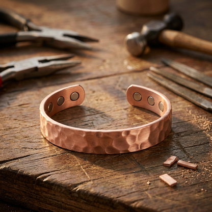 Cuivre Apolline hammered copper cuff bracelet on workbench